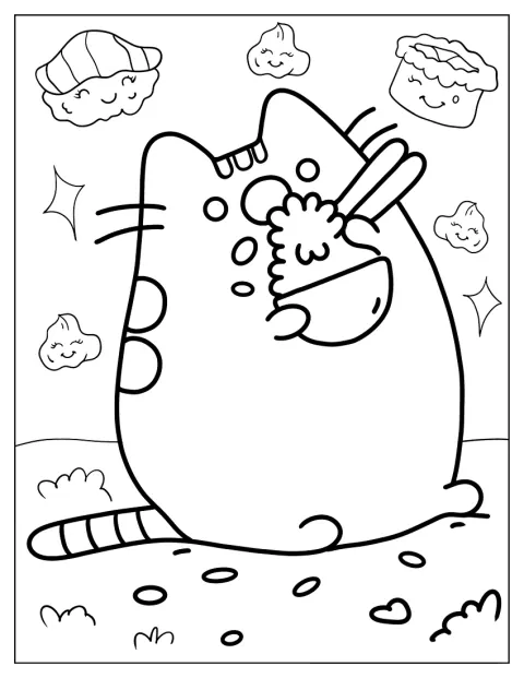 Pusheen si pochutnává na rýži a sushi u stolu.