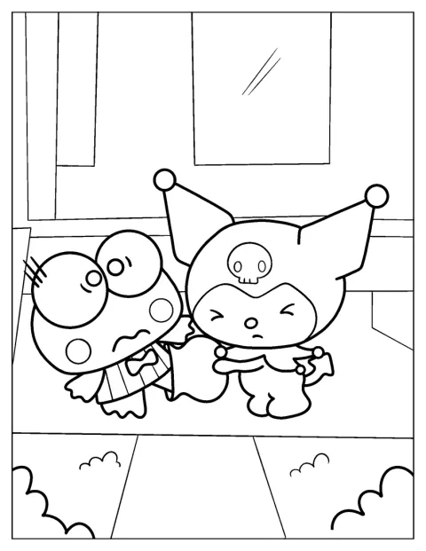 Kuromi ayuda a Keroppi a quitarse un jarrón que tiene encajado en el pie.