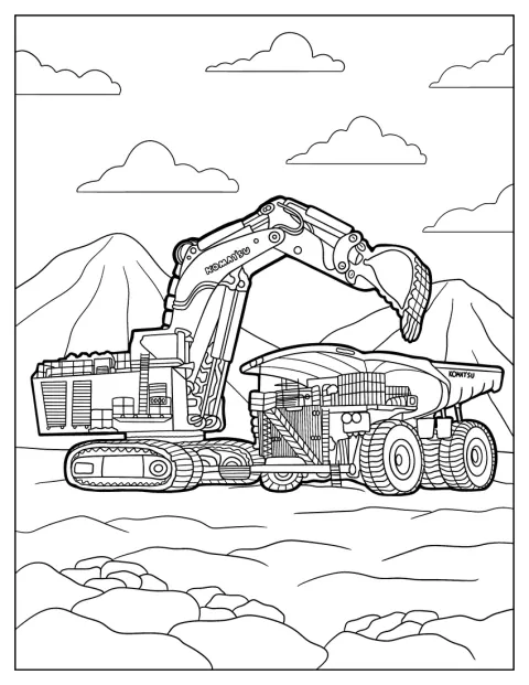 Large Excavator Moving Its Bucket Over Dump Truck