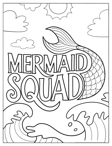 O coadă de sirenă și valuri înspumate decorează textul „Mermaid Squad”.