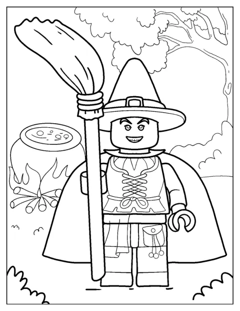 Lego-noita seisoo halloween-asussaan.
