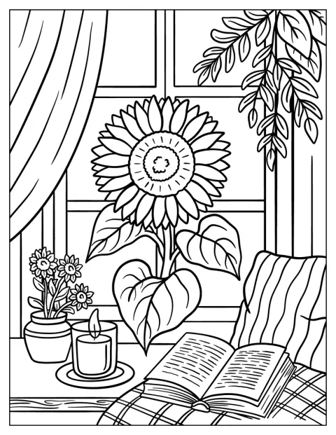 Junto a una ventana, un girasol en un jarrón acompaña a una vela y un libro abierto.