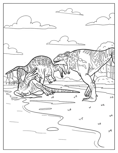 Un Gigantosaurus attrape deux autres Gigantosaurus dans un paysage préhistorique.