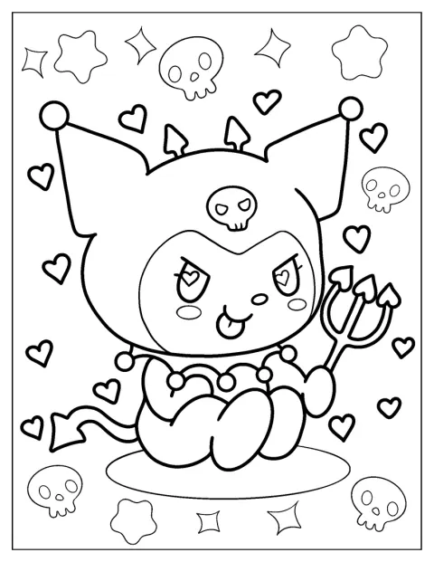 Kuromi posa con una sonrisa pícara y un aspecto adorable.