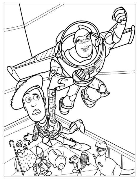 Buzz Lightyear zboară prin aer, iar Woody pare speriat în Toy Story.