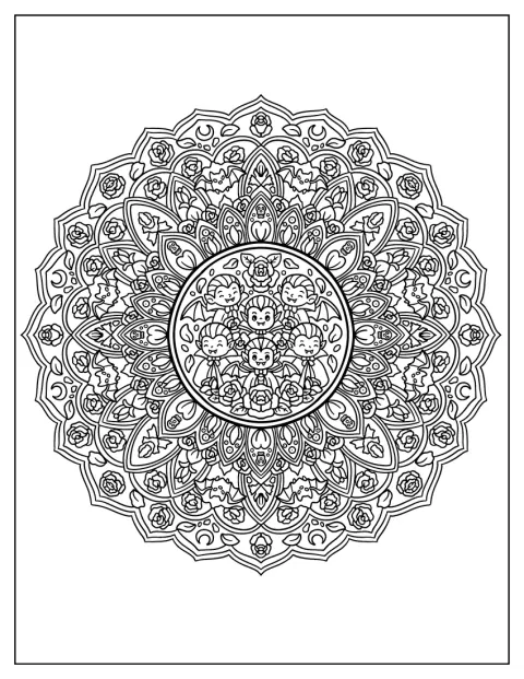 Des vampires, des chauves-souris et des roses s’entrelacent dans un mandala d’Halloween.