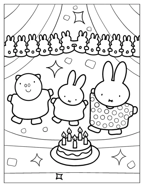 Miffy, Melanie e Poppy Pig dançam diante de um bolo de aniversário.