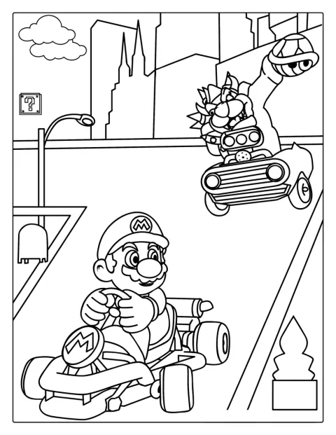 Mario conduce en una carrera de karts.