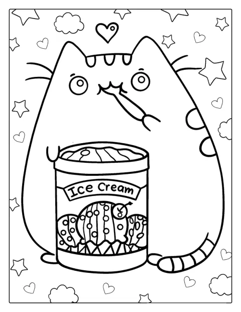 Pusheen de kat smult van een ijsje.