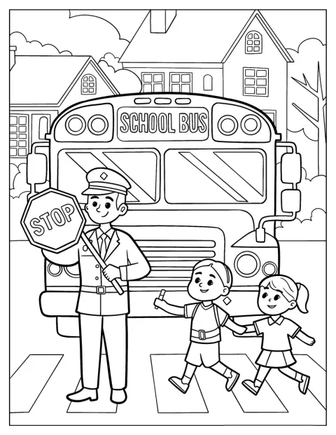School Bus Coloring Page Waiting For Kids To Cross The Street