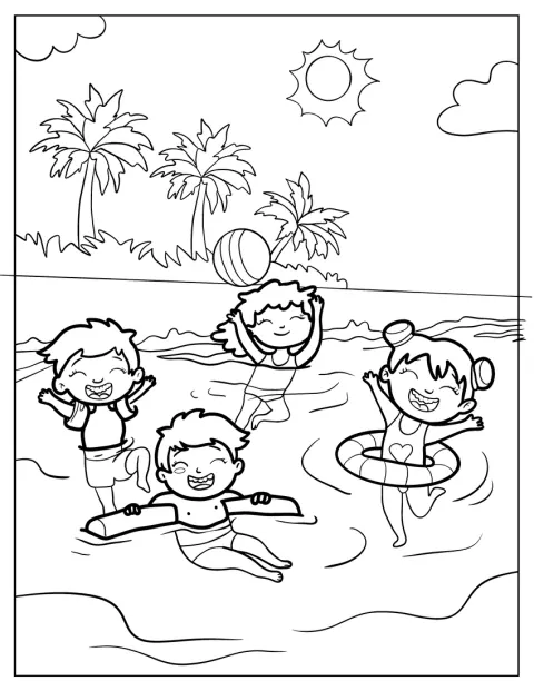 Bij het strand zwemmen kinderen in zee.