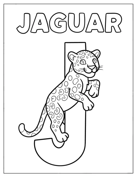 Ein Jaguar springt schwungvoll über einen großen Buchstaben J.
