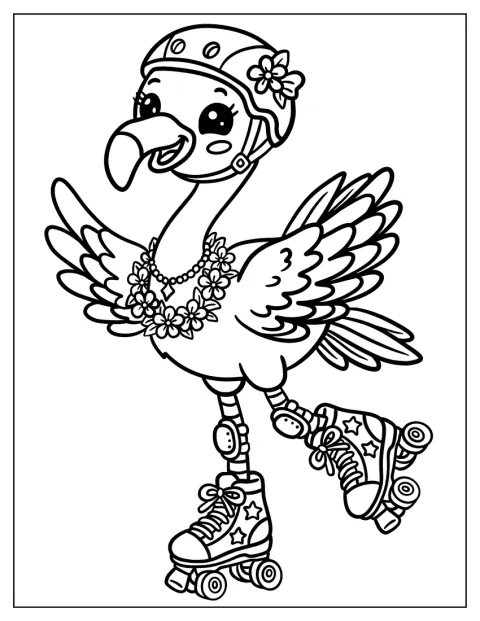 Met een helm en bloemenkrans rolschaatst een flamingo vrolijk vooruit.
