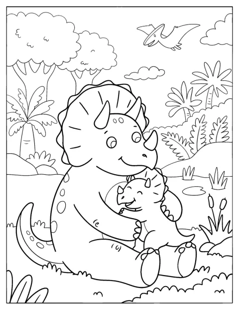 Bij een vijver knuffelt een moedertriceratops haar baby.