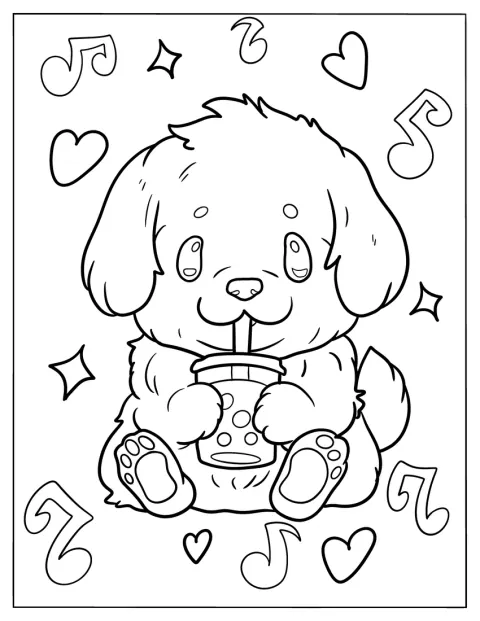 Kawaii zlatý retrívr popíjí bubble tea brčkem.