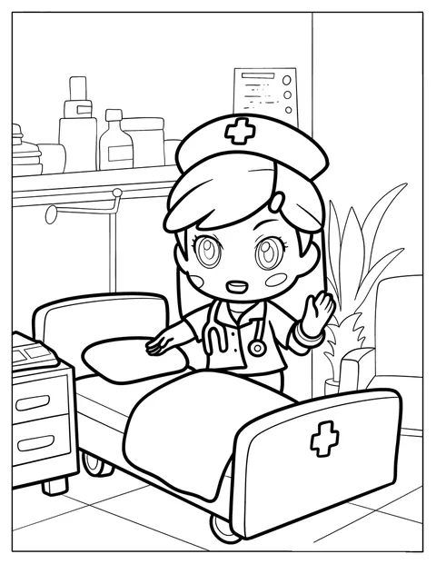 Un’infermiera chibi è nella stanza di un ospedale.