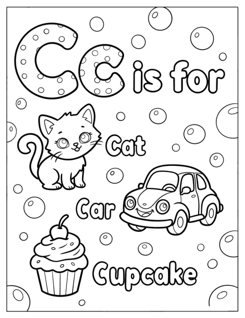En cupcake, en bil og en kat står omkring et prikket C.