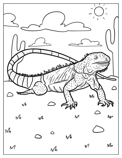 しま模様の尾を持つグリーンイグアナが、砂漠を歩いています。