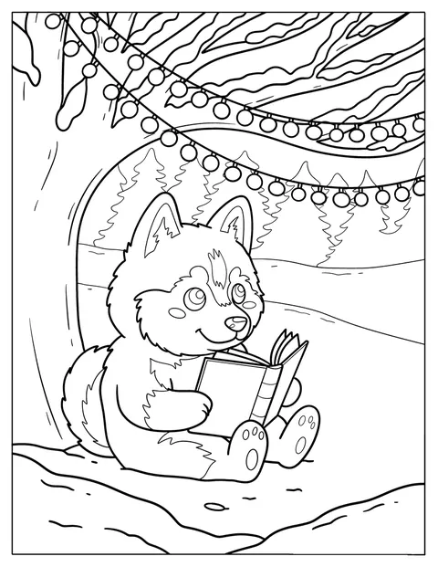 Un husky con gafas lee un libro bajo un árbol iluminado con guirnaldas.