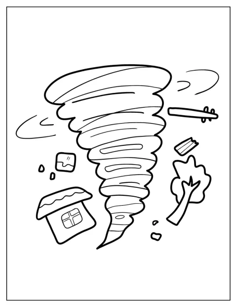 O tornadă se învârte lângă o casă, un copac și un stâlp electric.