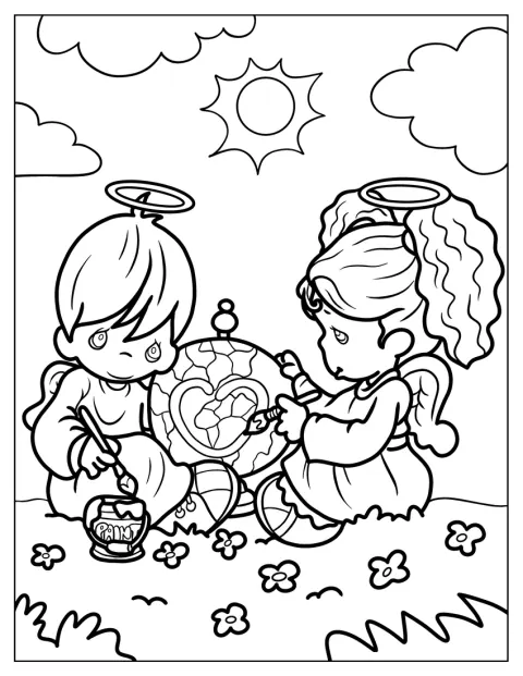 Varios ángeles Precious Moments pintan juntos.