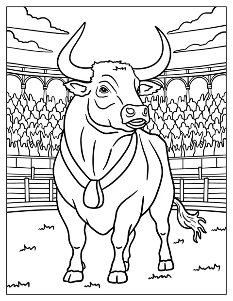 Valtava härkä esiintyy rodeoareenalla, jota yleisö täyttää.