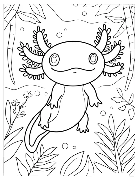 A félénk axolotl virágok és levelek fölött lebeg.