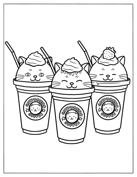 Tres gatitos asoman desde una taza de catpuccino.