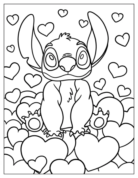 Stitch está sentado sobre un montón de corazones de amor.