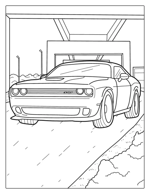 Une Dodge Challenger est présentée avec de nombreux détails.