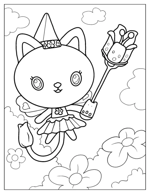 子猫の妖精が花の杖を手にしています。