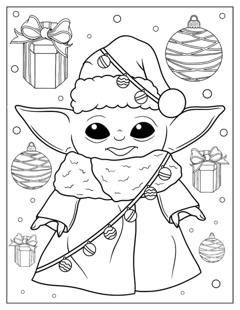 Christmas coloring page of Baby Yoda With Christmas Lights