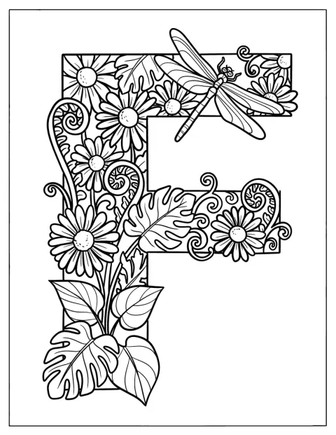 Flores, hojas y libélulas decoran una elegante letra F.