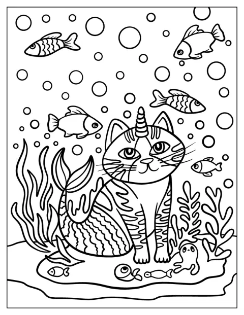 Unter Wasser schwimmt eine Einhornkatze mit Meerjungfrauenschwanz.