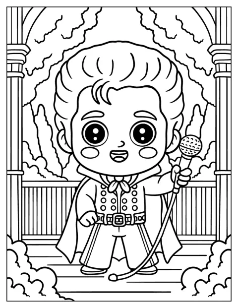 Chibi Elvis Coloring Page Singing and Dancing in Gazebo for Preschoolers