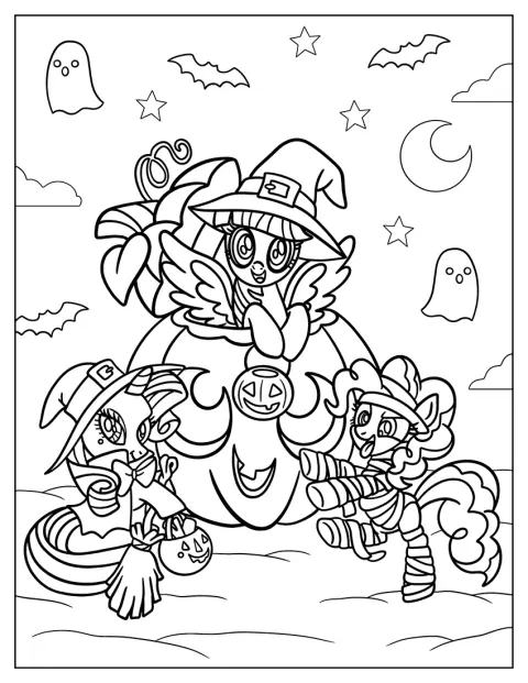 Personaje My Little Pony poartă decorațiuni și costume de Halloween.