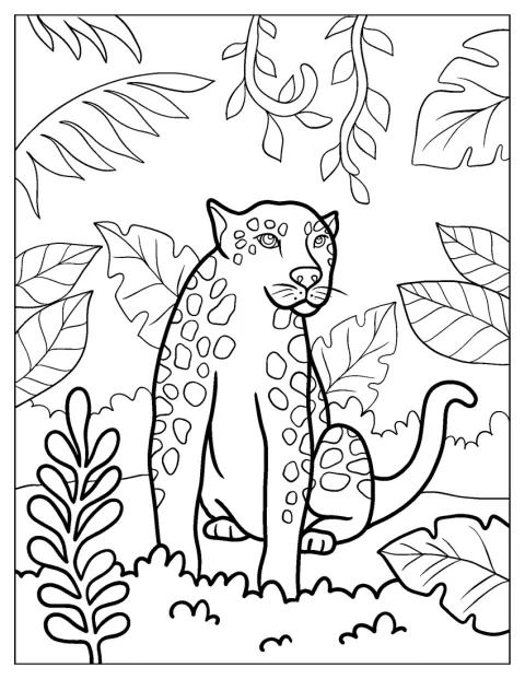 En jaguar sidder blandt junglens planter.