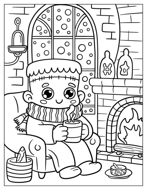 En hiver, Frankenstein savoure un chocolat chaud bien au chaud.