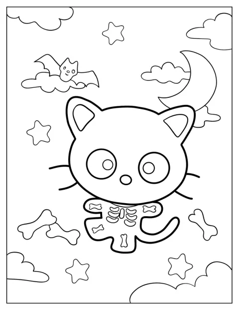 Chococat lleva un disfraz de esqueleto para Halloween.