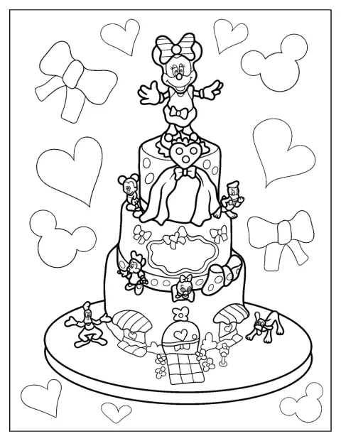 Háromemeletes torta tetejét Minnie egér figurája díszíti.