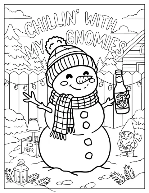 Snowman Chilling in the Backyard with Beer Christmas Coloring Page for Adults