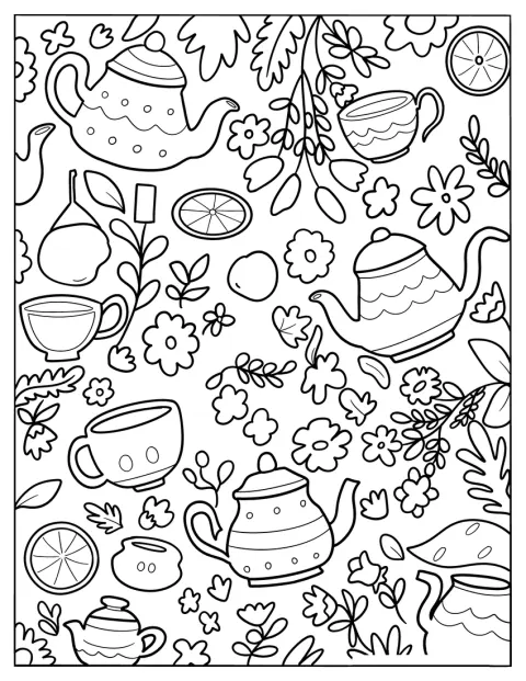 Tazze da tè, limoni e fiori compongono una scena decorativa.