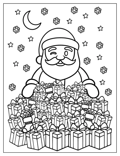En tomteemoji står med julklappar.