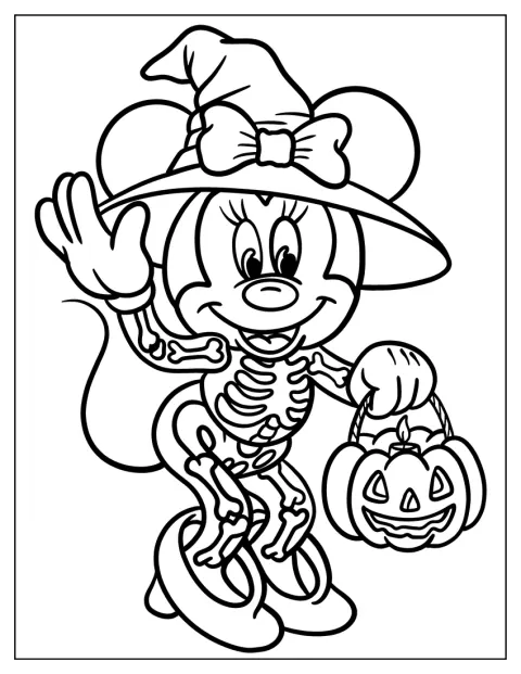 Minnie w kapeluszu wiedźmy i kostiumie szkieletora niesie torbę ze słodyczami.