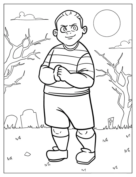 Pugsley Addams prend un air malicieux dans un cimetière.