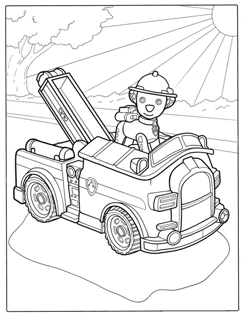 犬が、細部まで描かれた消防車のそばにいます。