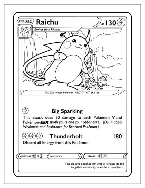 Raichu je vyobrazen na kartě Pokémon s útokem Thunderbolt.