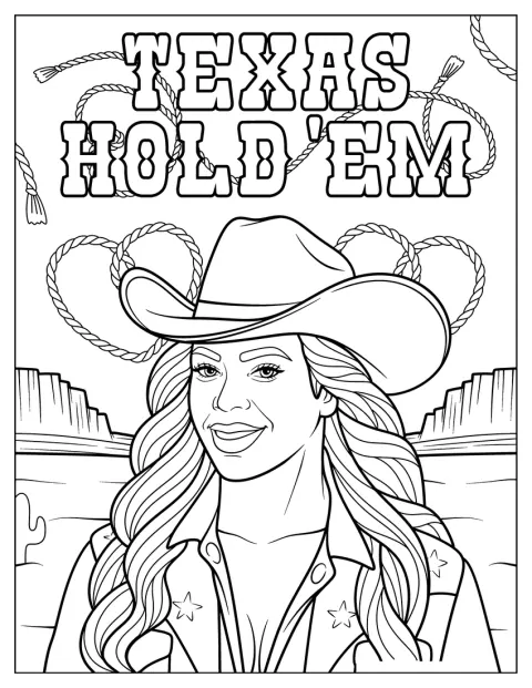 Mit Cowboyhut und Westernkleidung steht Beyoncé neben dem Schriftzug „Texas Hold ’Em“.