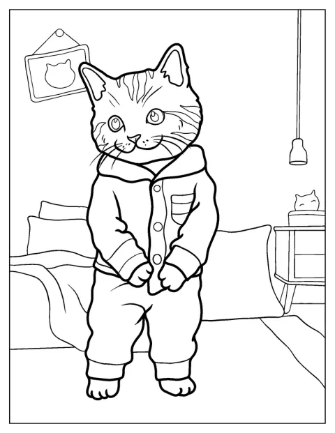Een kat staat rechtop en draagt kleren.