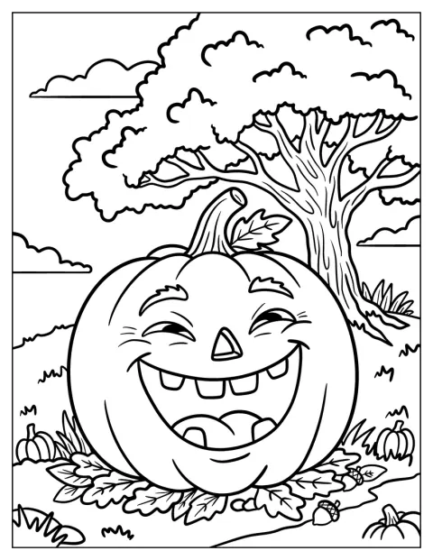 Una calabaza sonriente se ríe bajo las ramas de un árbol grande.